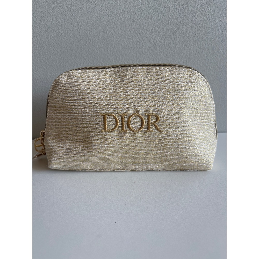 Dior Beauty Gold Metallic Cosmetic Makeup Pouch Zip Bag